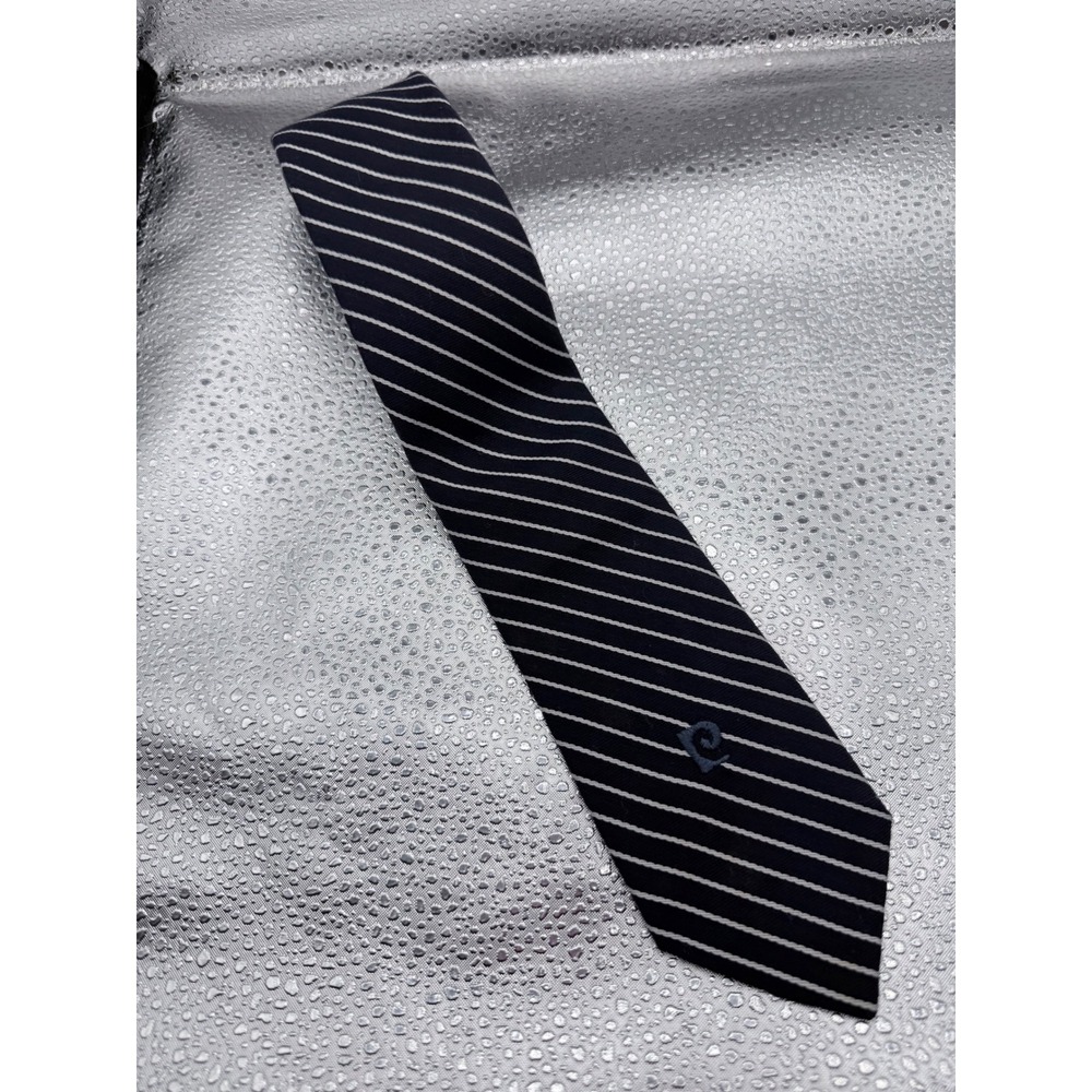 Pierre Cardin Mens Navy Blue White Diagonal Stripe Logo Silk Blend Necktie